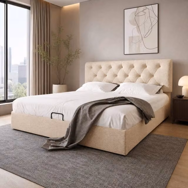 Desviae Letto contenitore 160 × 200 cm 2 posti con testiera regolabile, vano idraulico, con materasso, naturale