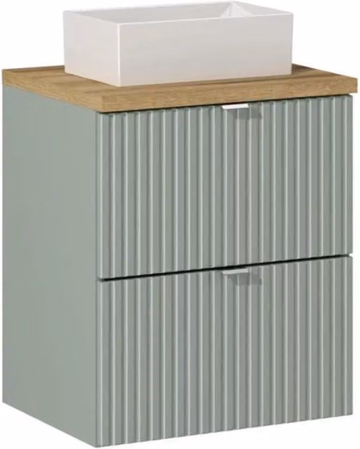 Insieme ELVINA 50cm: mobile sottolavabo con cassetti in verde salvia grigio + piano per lavabo + lavabo rettangolare da appoggio