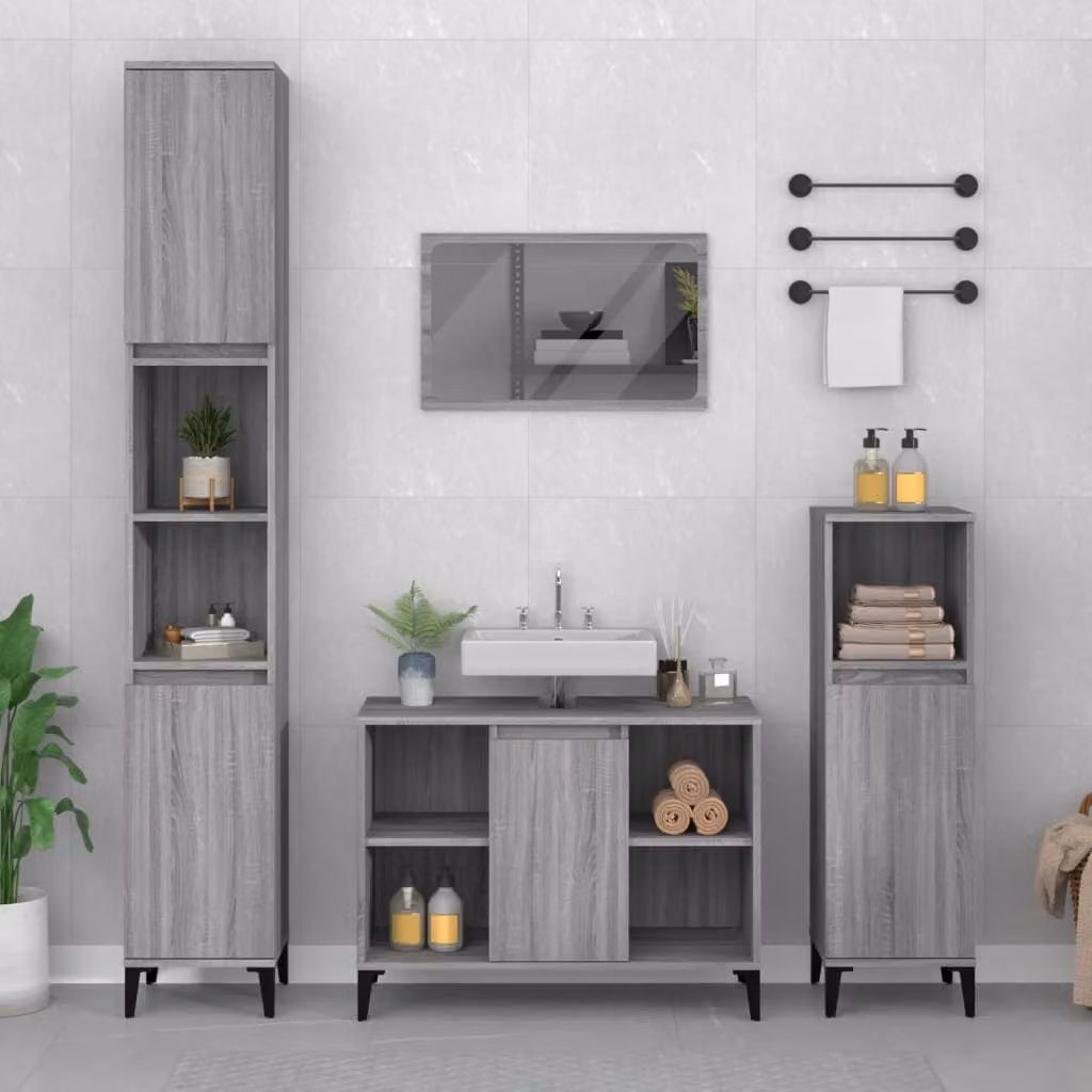 Set di mobili da bagno moderno vidaXL in legno e metallo grigio, composto da 3 pezzi con mobile lavabo e colonna, H: 190 cm, L: 80 cm, P: 33 cm
