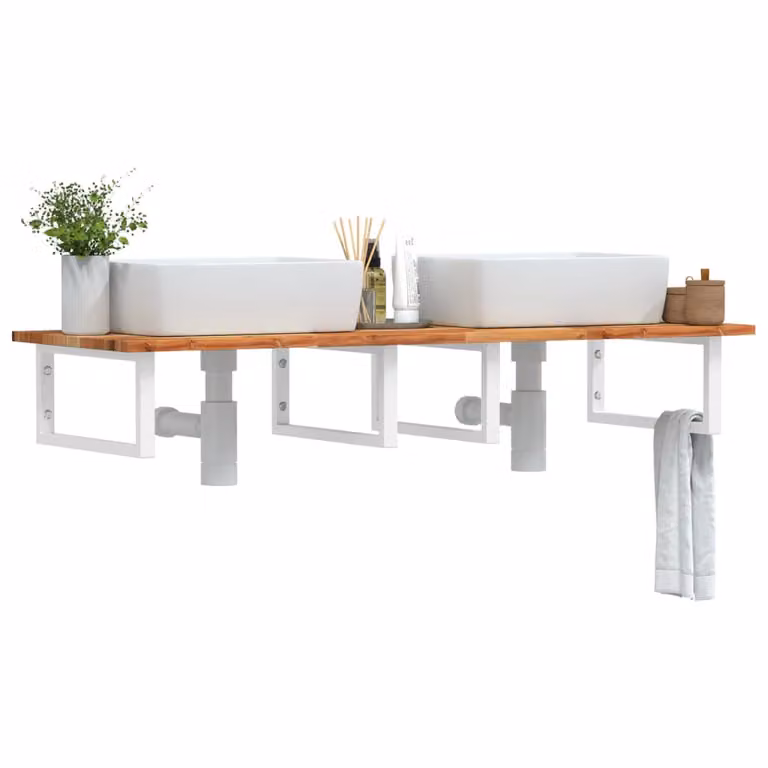vidaXL Ripiano da parete per lavabo in legno di acacia oliato e metallo, marrone e bianco