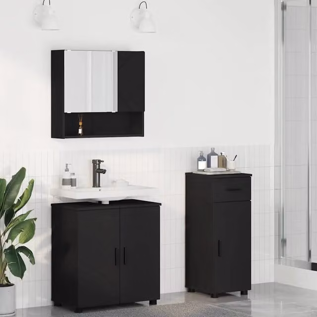 Set di mobili per il bagno vidaXL in 3 pezzi nero opaco con mobile lavabo, pensile e armadietto a muro L/P/H: 61 x 35 x 64 cm – 1