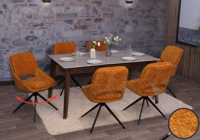 Set di 6 sedie da pranzo modello HWC-N73, sedie da cucina, girevoli con sistema di ritorno automatico, rivestite in tessuto chenille (490g/m²), colore ocra-giallo