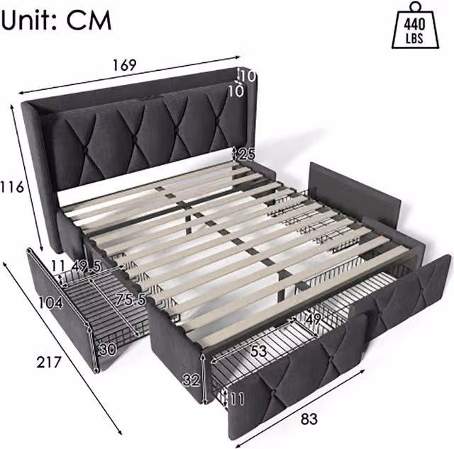 Letto matrimoniale con testiera e USB - Xylo - 160x200 cm - Grigio - 4 cassetti