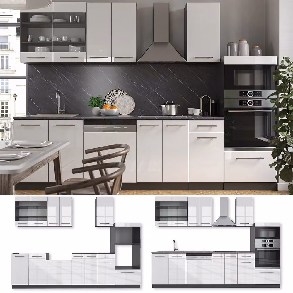 Cucina componibile Vicco Fame-Line Bianco lucido e Antracite con armadio alto, L: 300 cm – 2