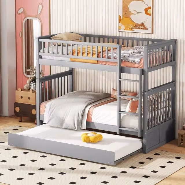 Letto a castello 3 posti letto 90 × 200 cm con letto estraibile; scala e sponde alte in legno e MDF grigio