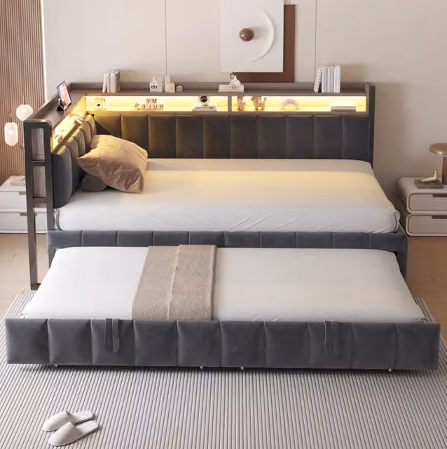 Divano Letto Imbottito 90x200 cm con Letto Estraibile, Illuminazione LED e Spazi Portaoggetti, Rivestimento in Velluto Grigio Scuro con Porte USB e Tipo-C