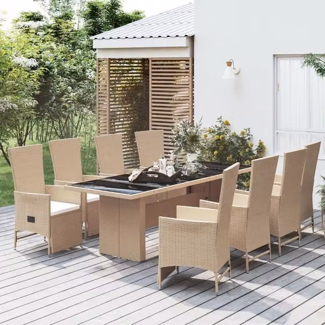 Set da pranzo da giardino vidaXL in polyrattan con tavolo in legno di acacia e cuscini beige e bianchi, 9 pezzi – 1