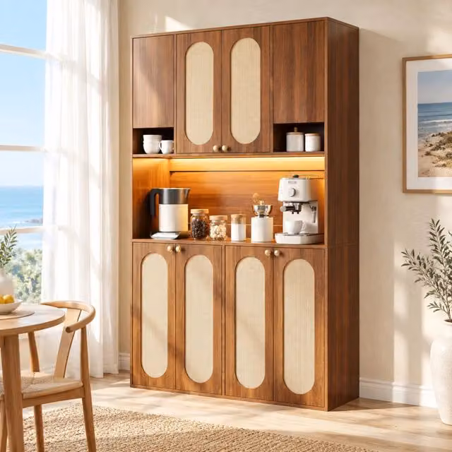Credenza alta 106x40x178 cm naturale in MDF, 8 ante con LED