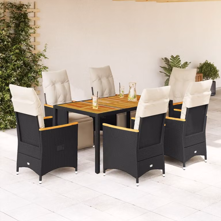 Set da Bistrò da Giardino vidaXL 7 pz in Polyrattan e Legno di Acacia Nero e Bianco
