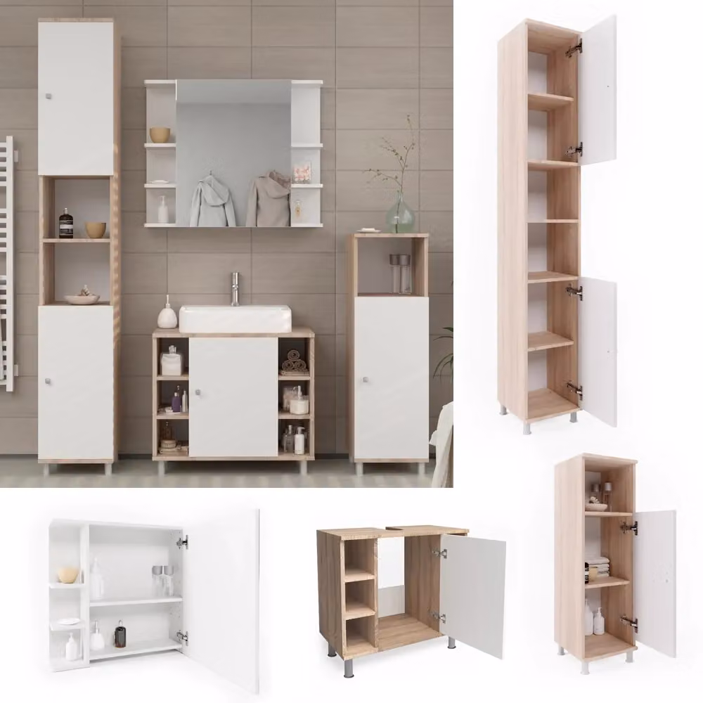 Set di mobili da bagno Vicco Fynn 4 pezzi in finitura Sonoma e Bianco con mobile lavabo, pensile, colonna e mobile laterale – 2