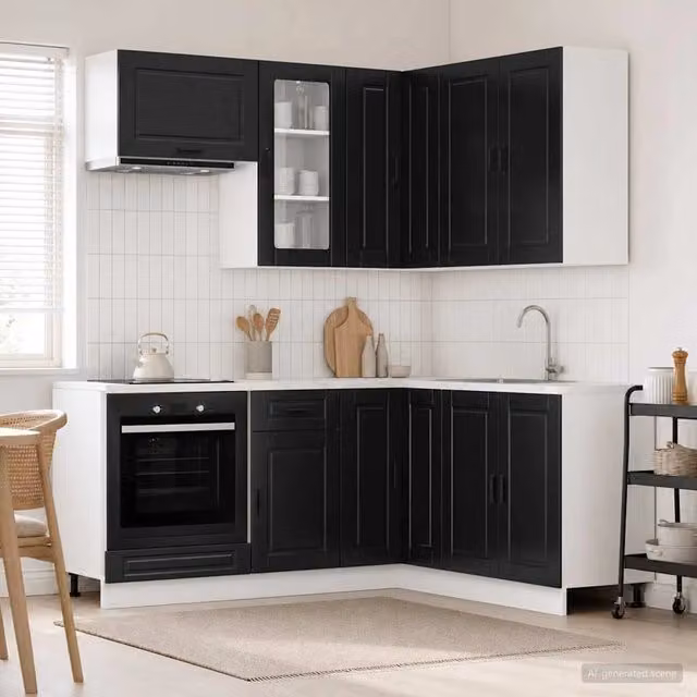 Unità cucina moderna vidaXL PORTO in legno MDF nero con ante in vetro e scaffali aperti 8 pz