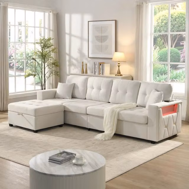 Divano angolare modulare WISHDOR beige con pouf, illuminazione LED e ricarica USB/Type-C, 4 posti, reversibile e moderno