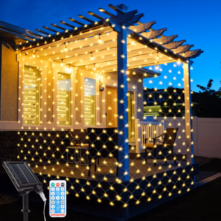 Jayseuw LED luce solare rete 2x2M bianco caldo fata luci di Natale luce tenda decorazione interna esterna 8 modalità IP44