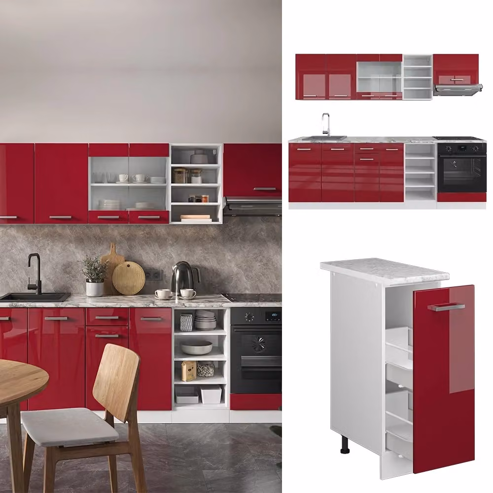 Cucina componibile moderna R-Line Vicco, Rosso lucido e Bianco con piano Antracite, L: 240 cm – 2