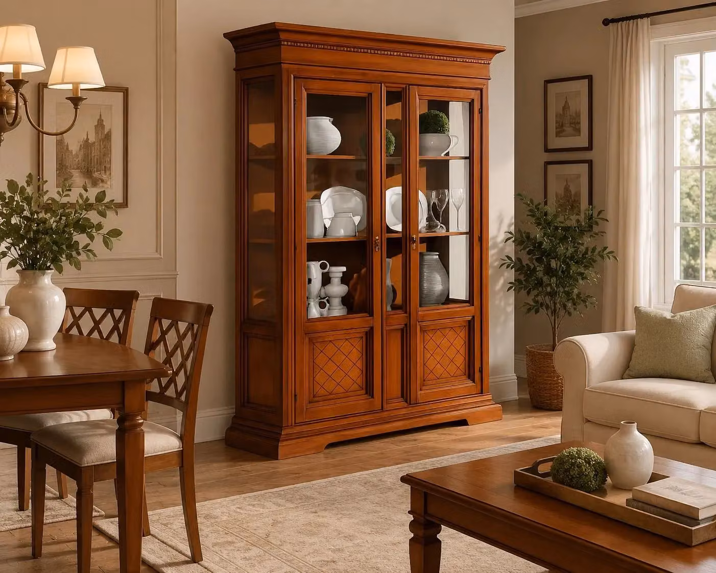 Vetrina a 2 ante in legno stile arte povera con ante in vetro Mobili 2G colore noce L: 146 cm, P: 53 cm, H: 213 cm – 4