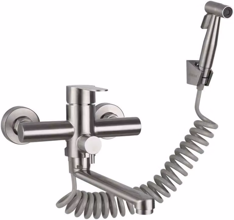 Miscelatore da parete con doccetta, in acciaio inossidabile, regolabile da 135 a 170 mm, girevole, adatto per cucina e lavabo