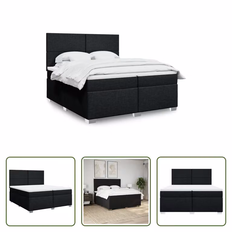 The Living Store Letto a molle con materasso nero 200x200 cm in tessuto