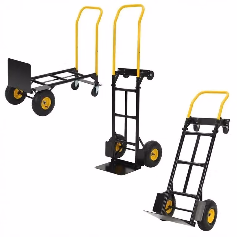 Carrello trasportatore 2-in-1 pieghevole – Capacità di carico: 362 kg – Ruote in gomma piena antiscottatura – Manico telescopico – Struttura in acciaio – Colore: giallo
