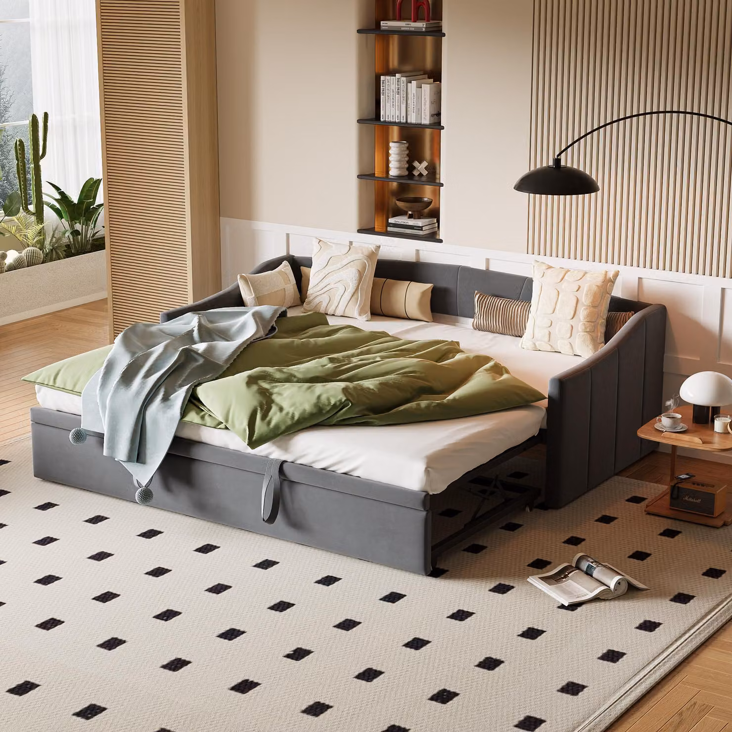 Divano letto ProximaX 90x200 cm in velluto grigio, divano letto 3 in 1, divano letto estraibile con cassetto portaoggetti