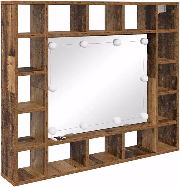 Mobiletto moderno con specchio e illuminazione a LED integrata per bagno e ingresso, finitura legno anticato marrone, L: 91 cm, P: 15 cm, H: 76 cm – 1