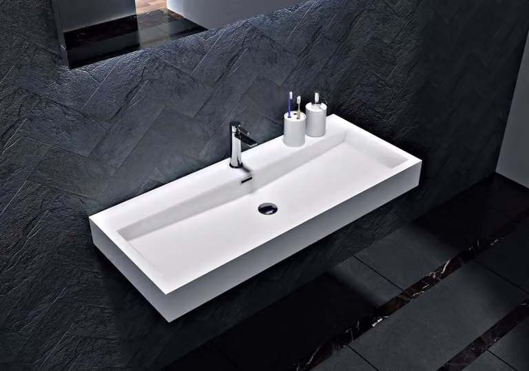 Lavabo da appoggio a muro BS6002 - Marmo fuso - Bianco - Angolare, larghezza lavabo: 100 cm - con foro per la rubinetteria