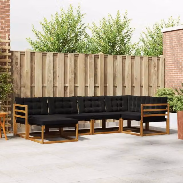 Set di divani da esterno a L vidaXL in legno di acacia con cuscini, 6 pezzi, Marrone e Nero – 1