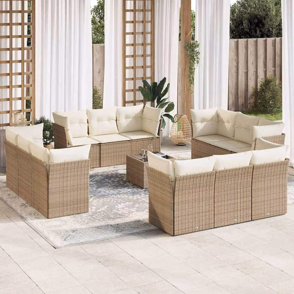 vidaXL Set Divano da Giardino 13 pz a Forma a L con Cuscini Beige e Tavolino da Esterno in Polyrattan e Acciaio – 1