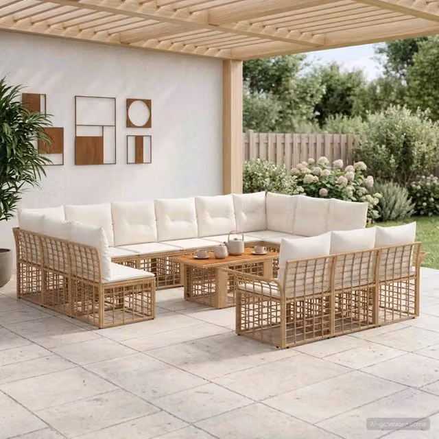 Set Divano da Giardino a L vidaXL in Polyrattan con Tavolino e Cuscini, 14 Pezzi, Naturale e Bianco Crema – 1