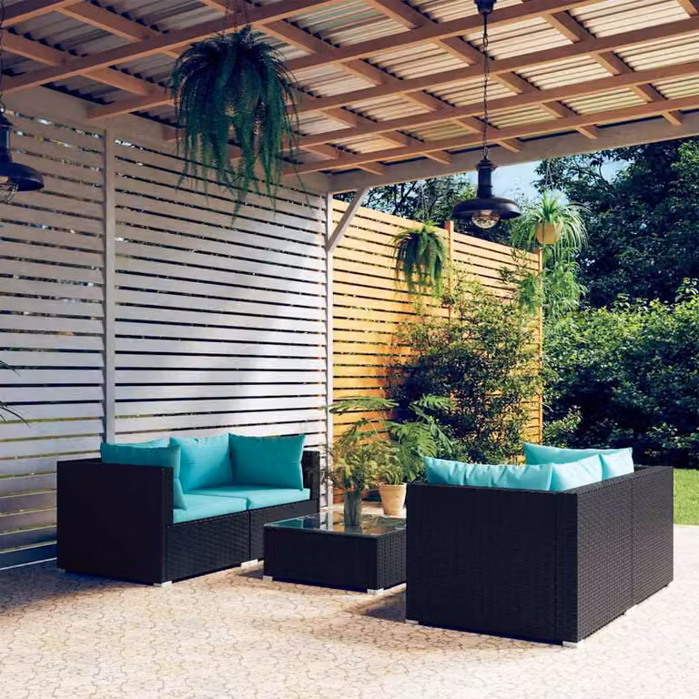 Set da giardino vidaXL composto da 5 pezzi con divani a L, elementi angolari, tavolino da esterno e cuscini color turchese con struttura in metallo nero e rattan