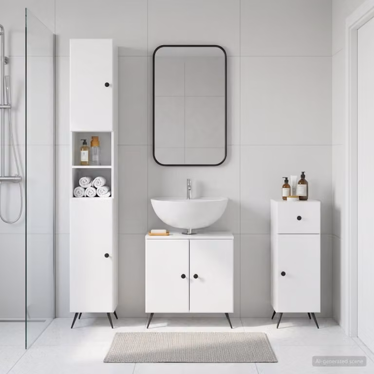 Set di armadietti da bagno 3 pezzi vidaXL BREDA Bianco Lucido moderno con vanità, mobile alto e mobile laterale in MDF