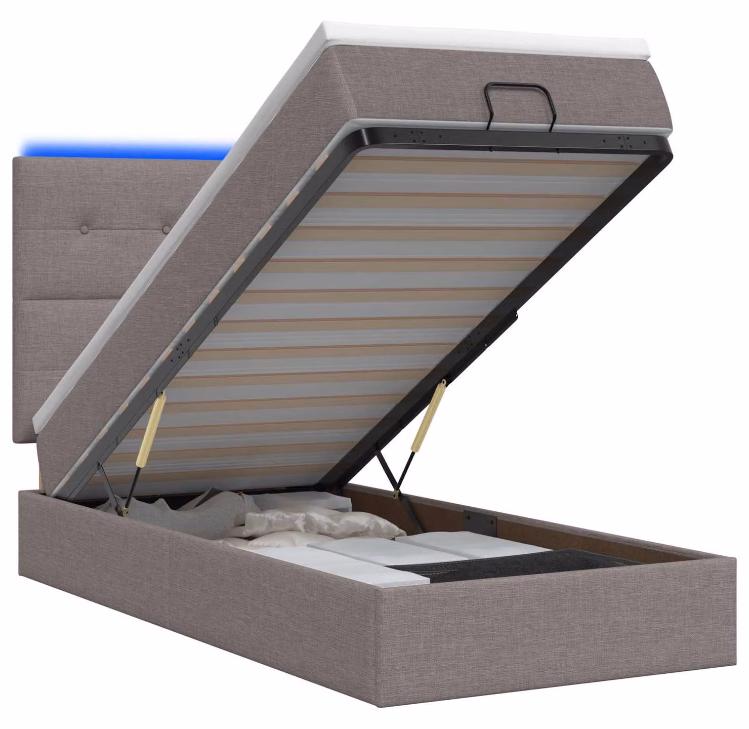 Pouf contenitore con materasso e illuminazione LED, color tortora, 90 x 200 cm, rivestito in tessuto