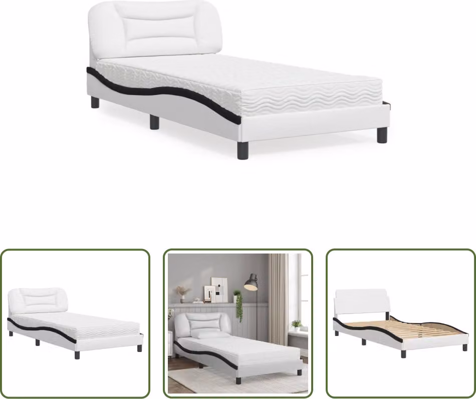 The Living Store Letto con materasso bianco e nero 100x200 cm in ecopelle