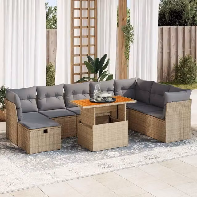 Set Divano da Giardino a Forma a U vidaXL in Polyrattan e Legno di Acacia con 9 Pezzi e Cuscini Beige e Grigio – 1