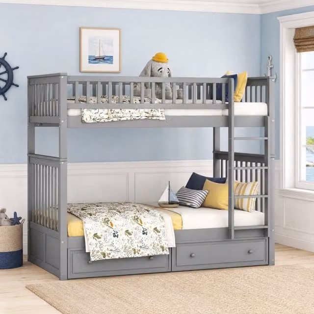 Letto a castello grigio in pino e MDF, 90x200 cm, con cassetti e trasformabile in due letti singoli