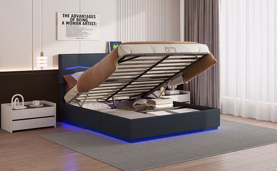 Letto 160x200 con LED e USB (supporto wireless), letto imbottito 140x200cm con testata e contenitore, letto matrimoniale con rete a doghe, letto contenitore letto giovanile struttura letto moderno inPoliuretano- nero