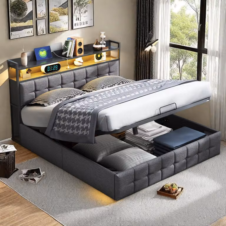 Letto box da 160x200 cm in tessuto grigio con base a molle insacchettate, testata illuminata a LED, presa UE integrata, design moderno e pratico