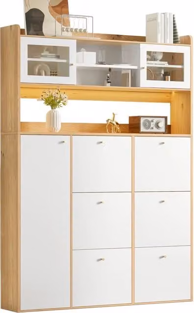 Scarpiera moderna Chicfurn con 6 vani ribaltabili e illuminazione LED, anta in vetro, colore bianco, L: 130 cm, P: 25 cm, H: 85 cm