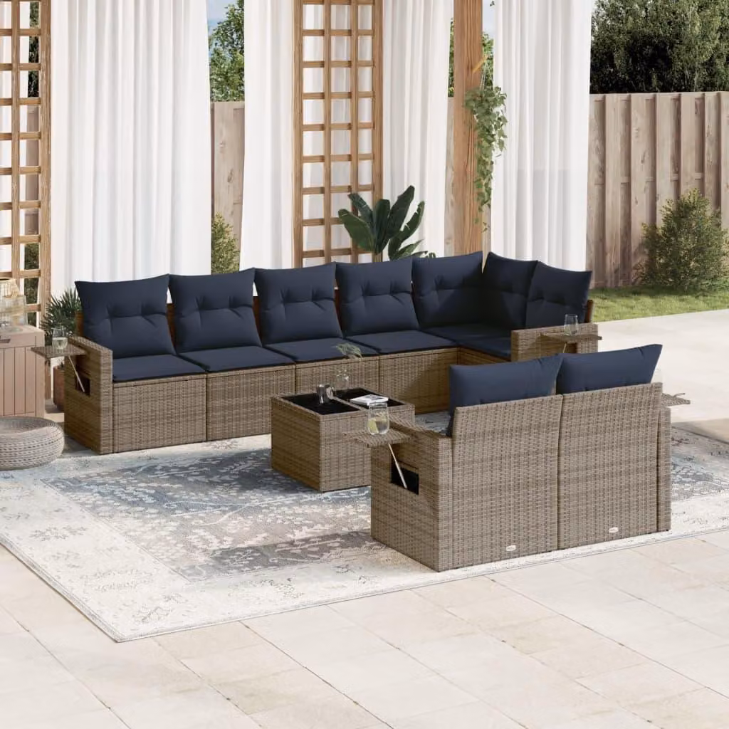 Maison Exclusive - Set di 9 pezzi per giardino con cuscini, grigio, polyrattan