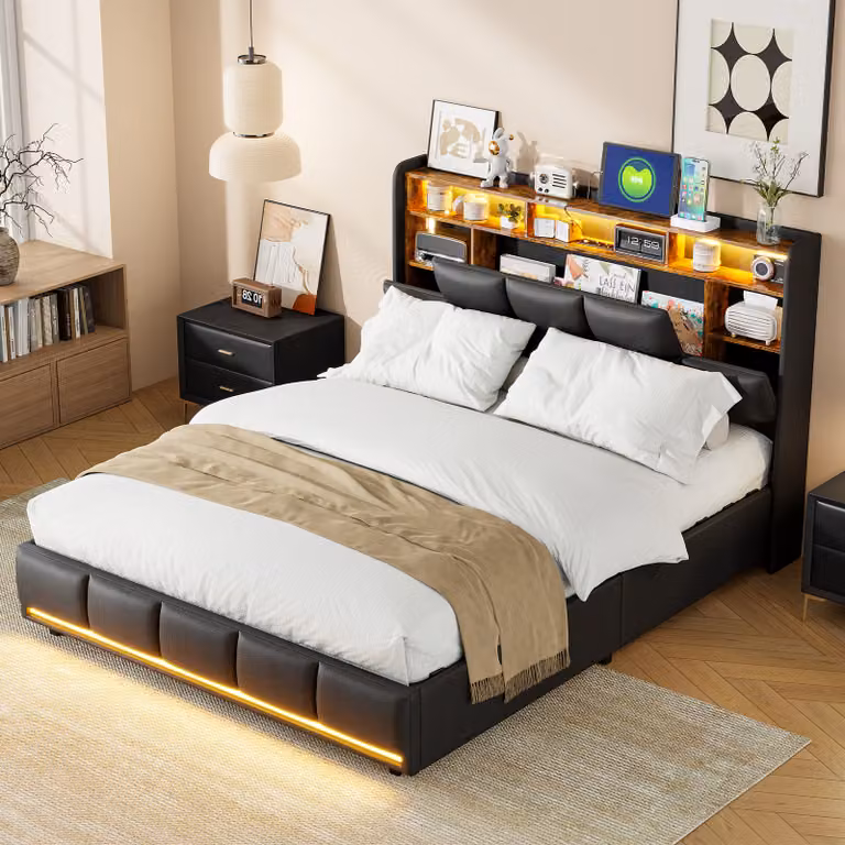 Letto imbottito Fortuna Lai 140x200 cm, LED e USB-C, letto contenitore idraulico con rete a doghe, PU, nero, letto matrimoniale