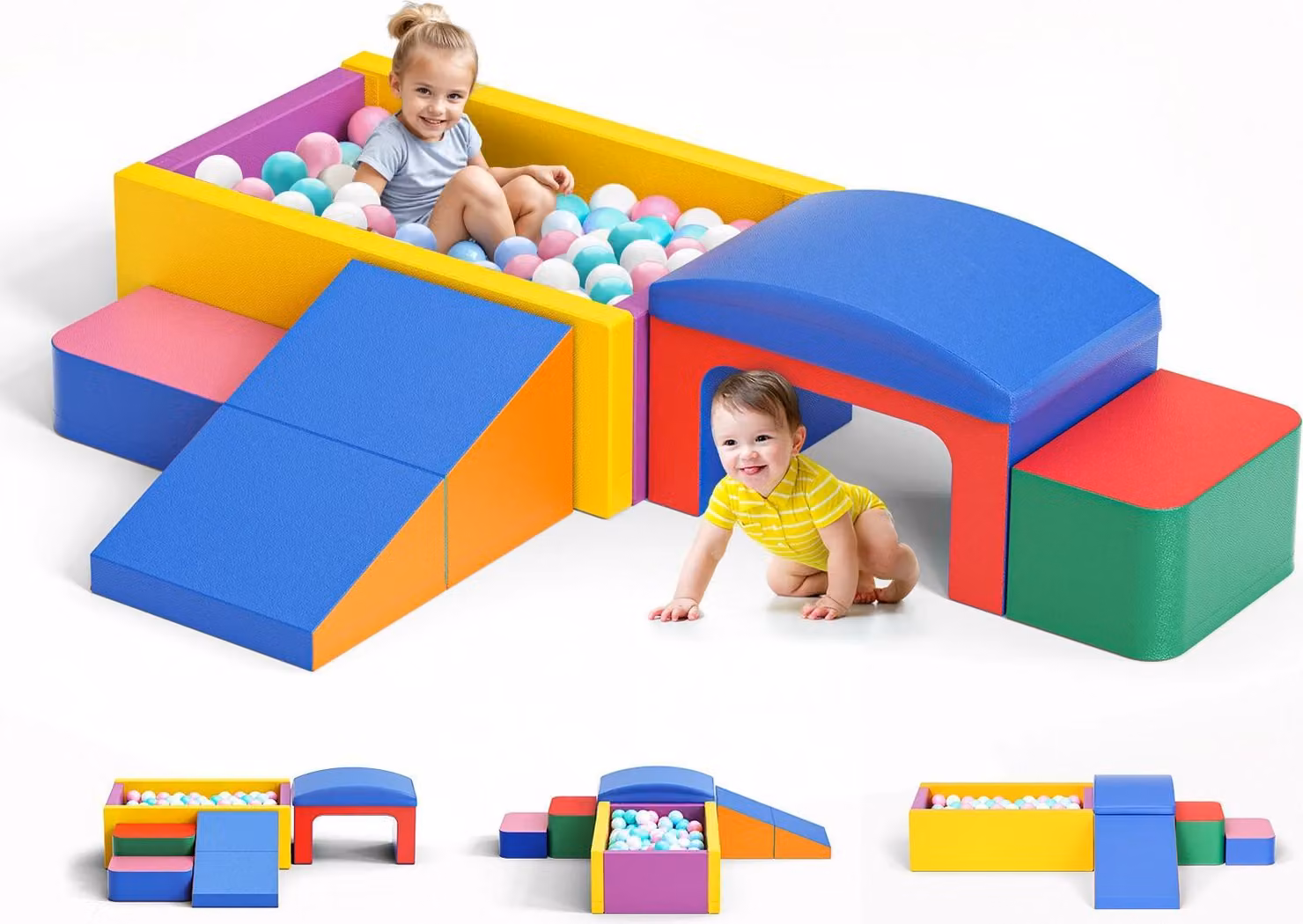 Set per l'arrampicata per bambini - 9 pezzi, ideale per i più piccoli - Area giochi in legno con blocchi e palla - Perfetto per gattonare, arrampicarsi e scivolare - Colore: bianco
