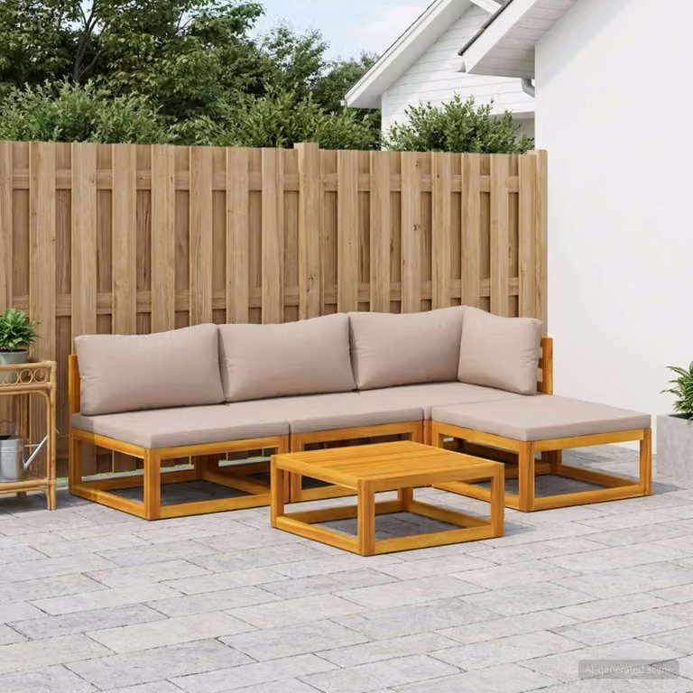 Set di divani da giardino vidaXL in legno di acacia massello con forme a L, colore marrone e beige, composto da 5 pezzi con cuscini inclusi e tavolino da esterno