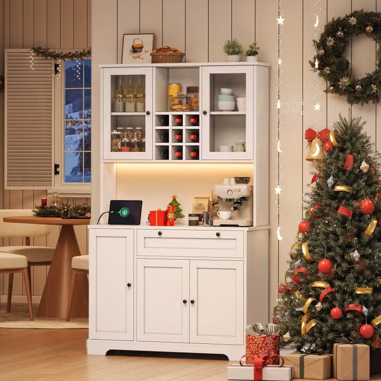 Flieks mobile alto da cucina con ante in vetro, mobile da cucina buffet con led e funzione di carico, credenza con portabottiglie, 105x40x180cm, bianco