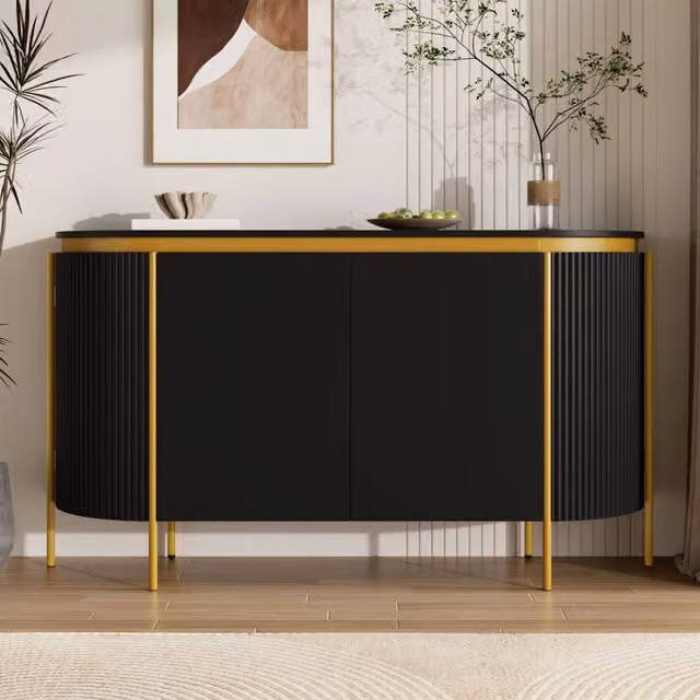 Credenza da 4 ante, mobile da ingresso, in MDF, con gambe in metallo, angoli arrotondati, colore nero