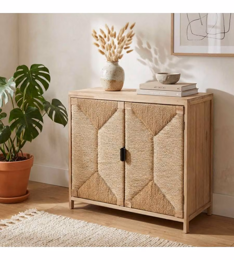 Mobiletto Cosma con 2 Ante in Legno Marrone con Design Boho e Finitura Opaca L: 74 cm, P: 35 cm, H: 70.5 cm