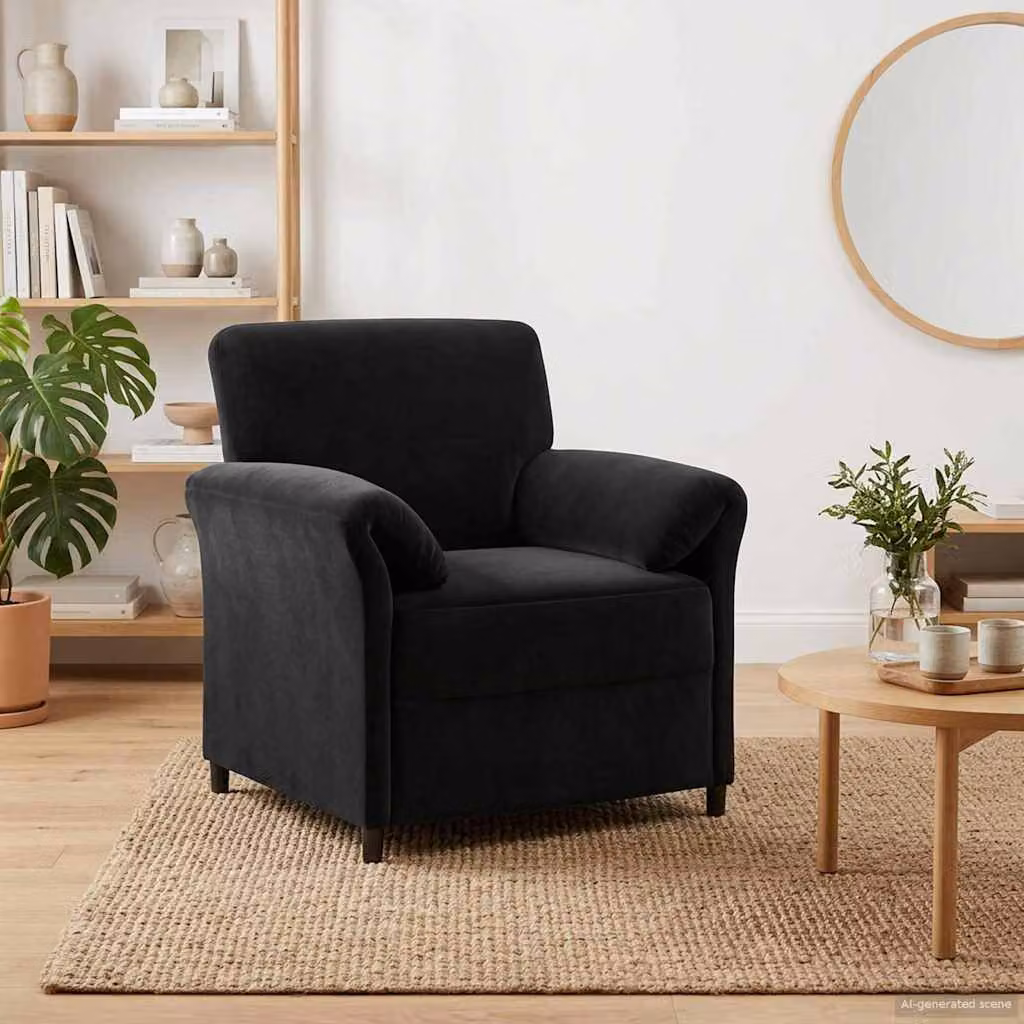 Divano singolo vidaXL in velluto nero con struttura in metallo e braccioli, L 88 x P 83 x H 95 cm