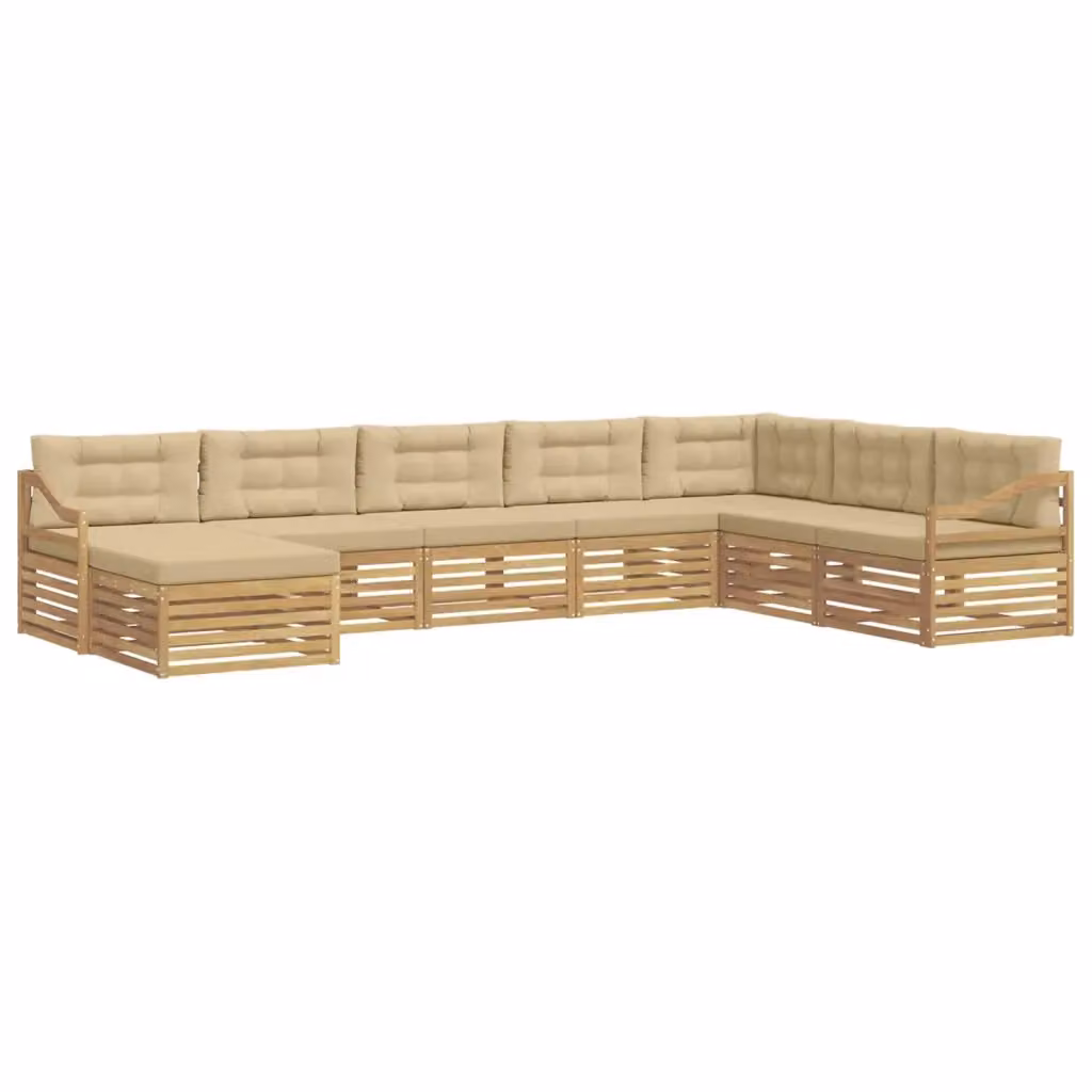 Set di divani da esterno a L con pouf vidaXL in legno di acacia e tessuto bianco e beige – 2