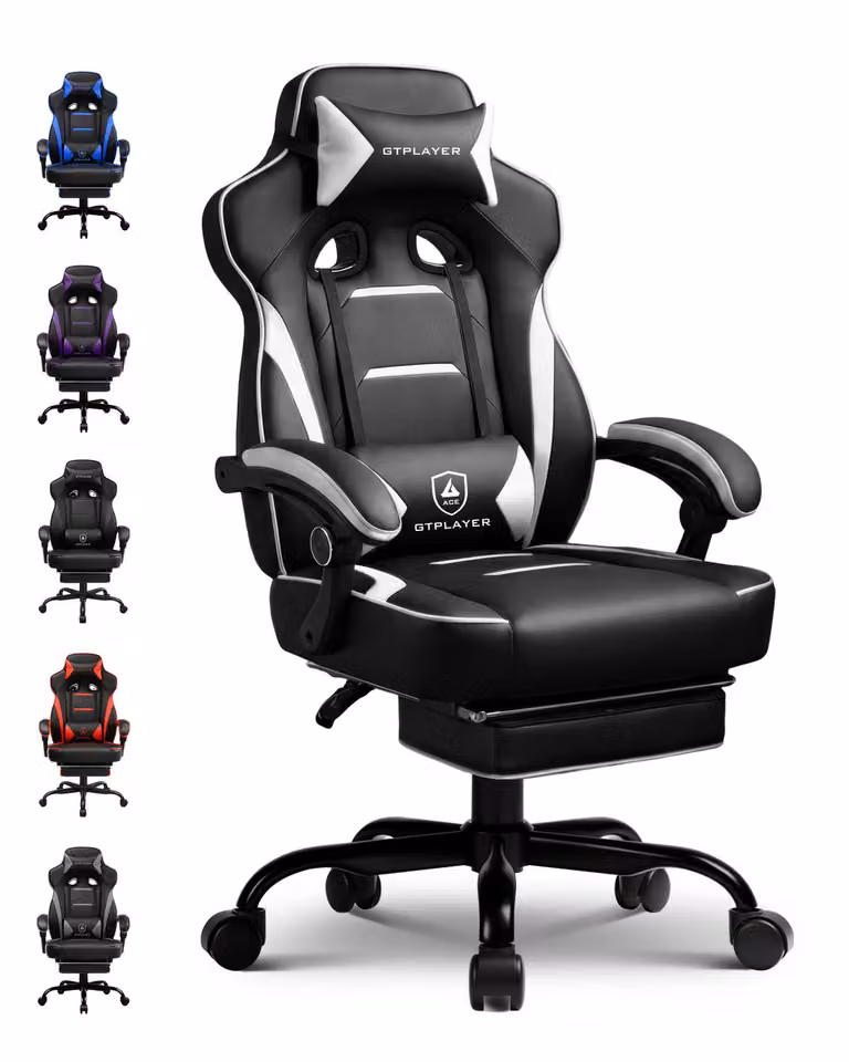 Sedia da gaming GTPLAYER con poggiapiedi, sedia da ufficio ergonomica con capacità di carico di 150 kg, poltrona da gaming con supporto lombare e poggiatesta, sedia da computer regolabile in altezza
