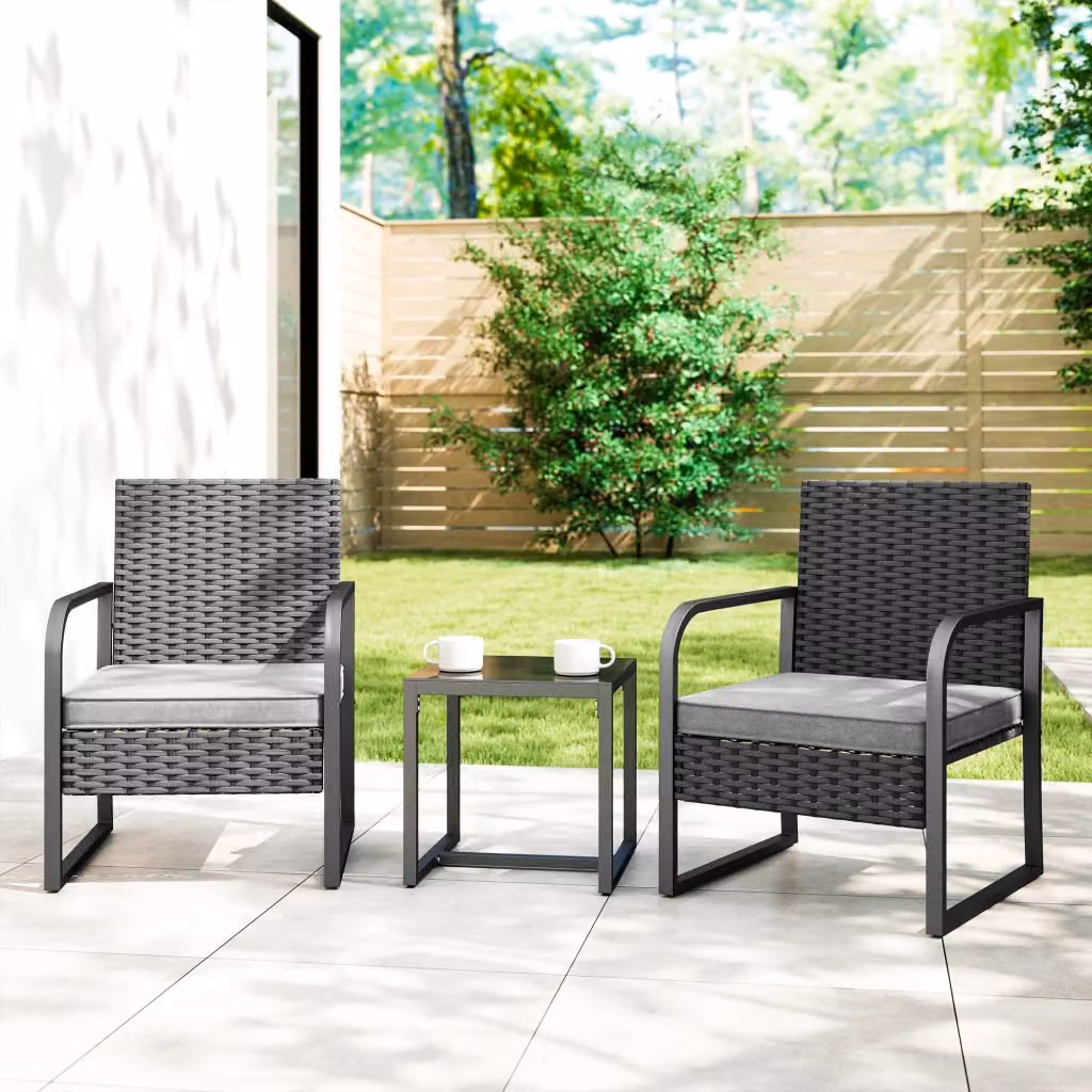 Set da giardino Giordanoshop composto da 2 poltrone lounge e tavolino da esterno con piano in vetro, struttura in metallo nero e rattan, colore grigio e nero – 2