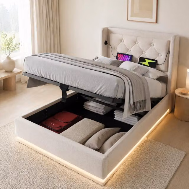 Letto singolo 90x200 cm con contenitore; testiera con USB e Type-C; LED 3 lati; beige