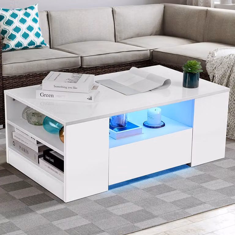 Tavolino da salotto - Tavolino da caffè - Tavolino ausiliario - Tavolino per il soggiorno - Tavolo - Bianco - Illuminazione LED blu